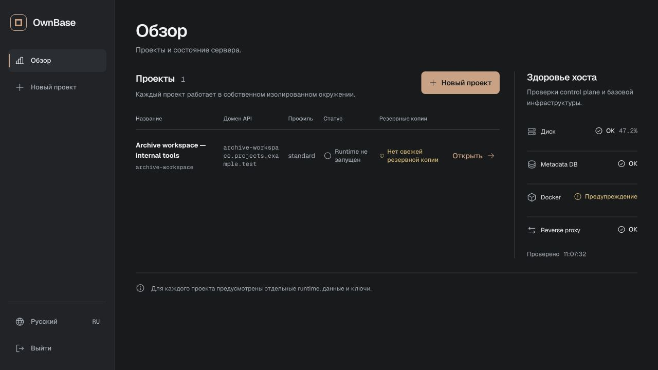 Веб-панель OwnBase: обзор серверных проектов и их состояния в демонстрационной среде.